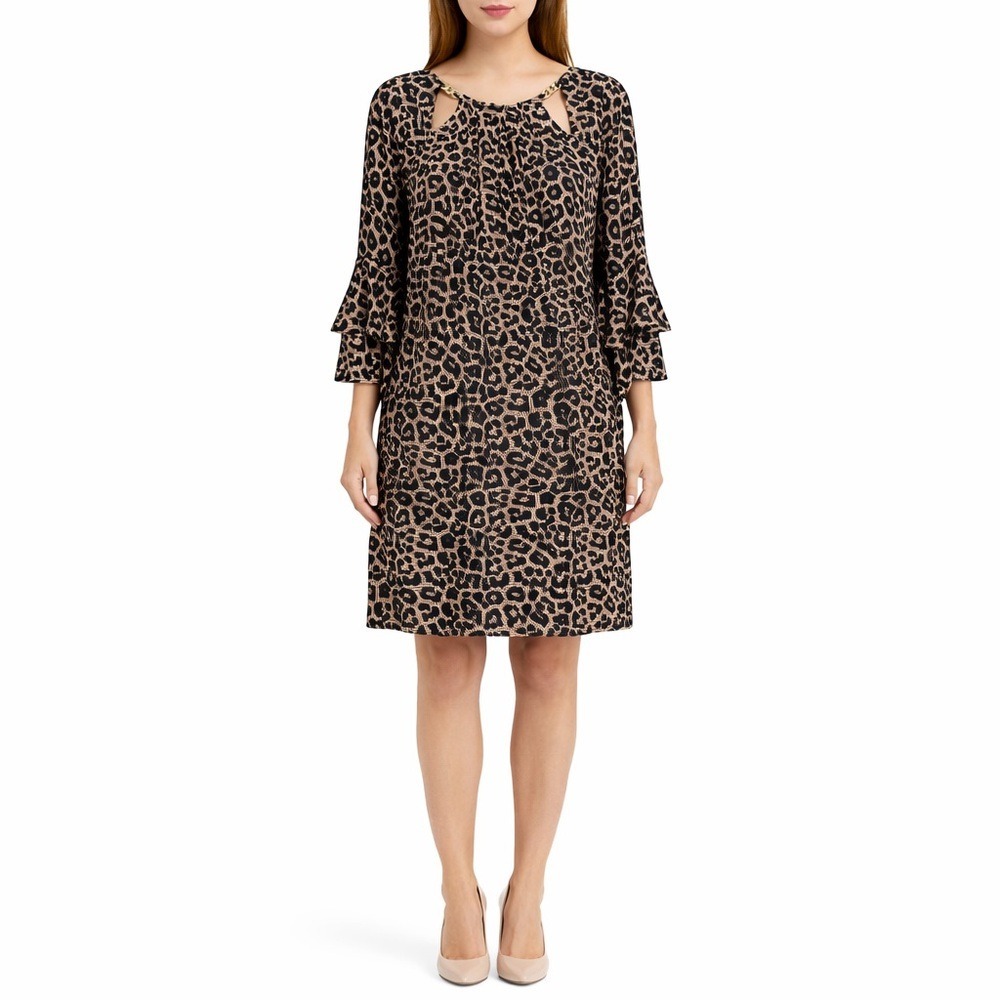 Michael Kors Leopard Print Chain Neck Ruffle Sleeve Dress Brown‎ Black Sz Medium